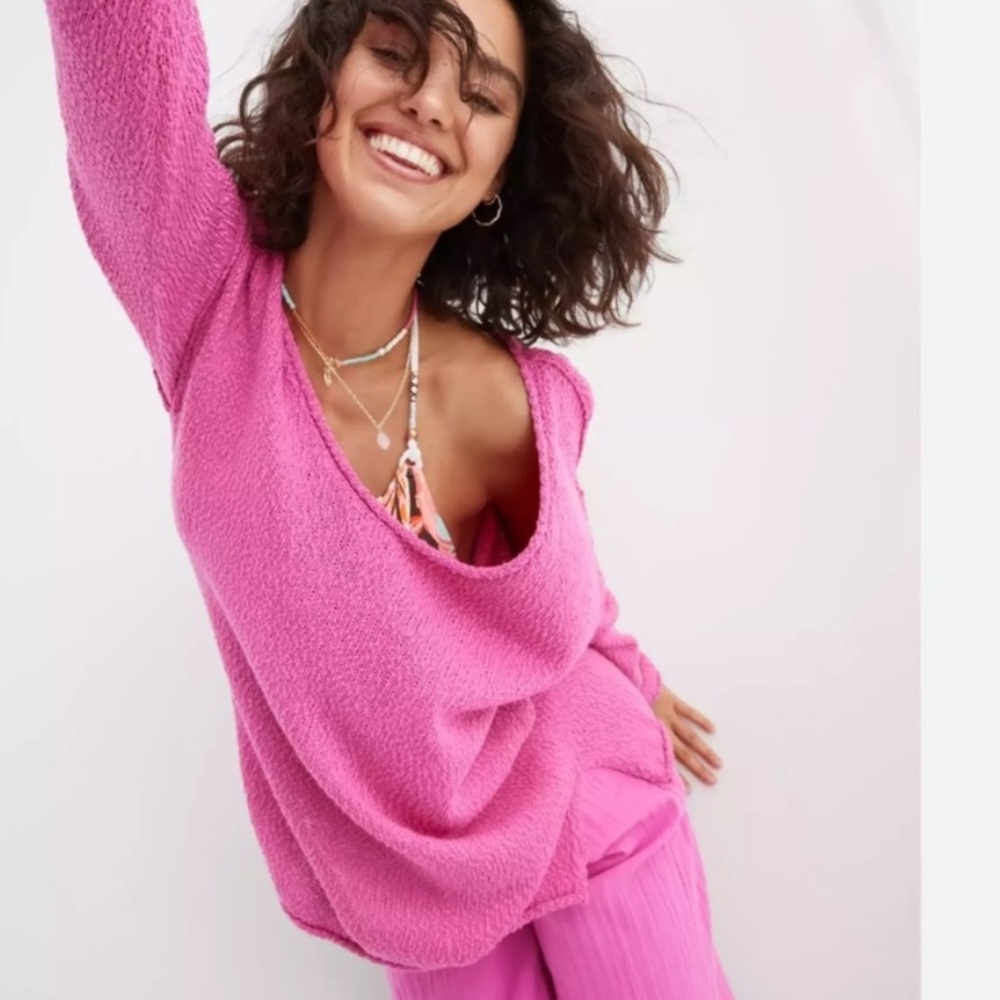 Aerie Voop Sweater Oversized Pink Women’s Size Large Cotton Relaxed Beachy